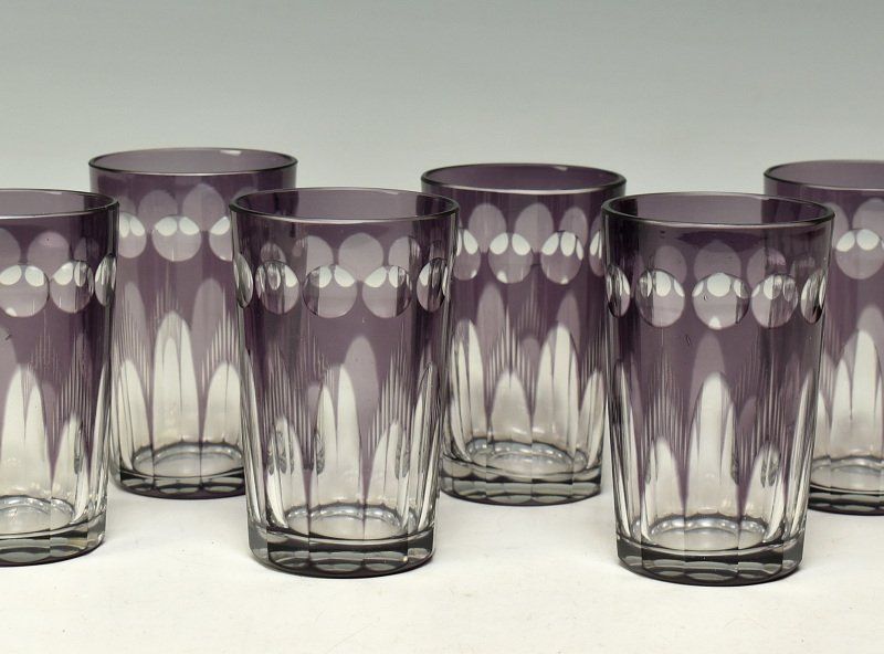 蔵A2607a レトロ硝子 切子 紫被せガラス コップ グラス 六客