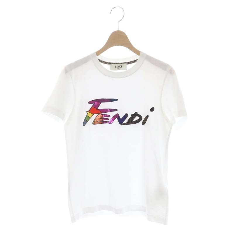 フェンディ FENDI 22SS ロゴ Tシャツ カットソー スパンコール装飾 刺繍 半袖 XS 白 ホワイト |HS OS