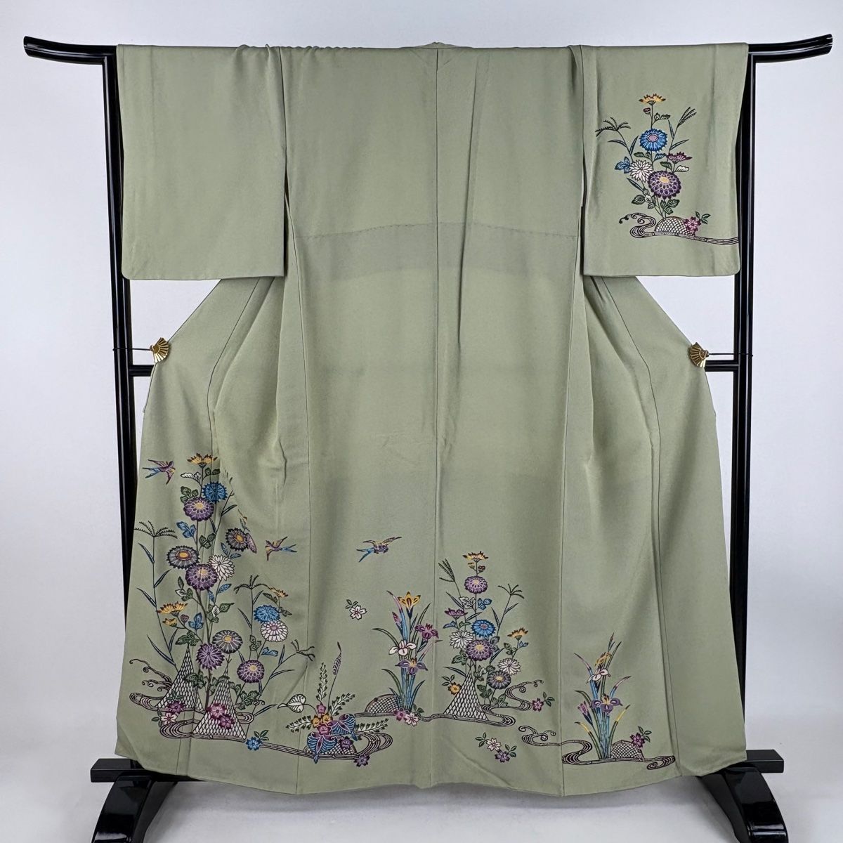 付下げ 身丈160cm 裄丈67cm M 袷 菊 燕 薄緑 正絹 名品 【】 【公式通販】