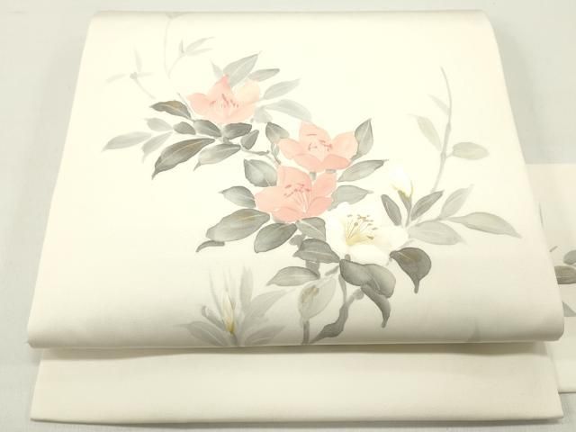 平和屋着物●塩瀬 九寸名古屋帯 作家者 手描き 草花文 生成り色 金彩 正絹 DAAY0151ob