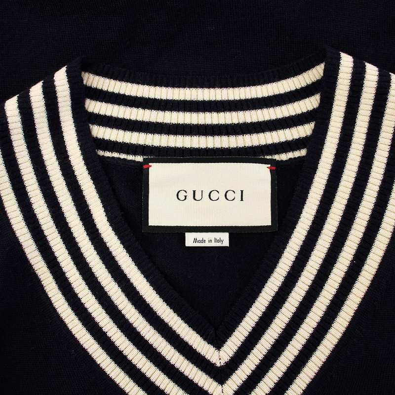 グッチ GUCCI 19AW BEE刺繍 Vネック ニット セーター 長袖 L ネイビー 