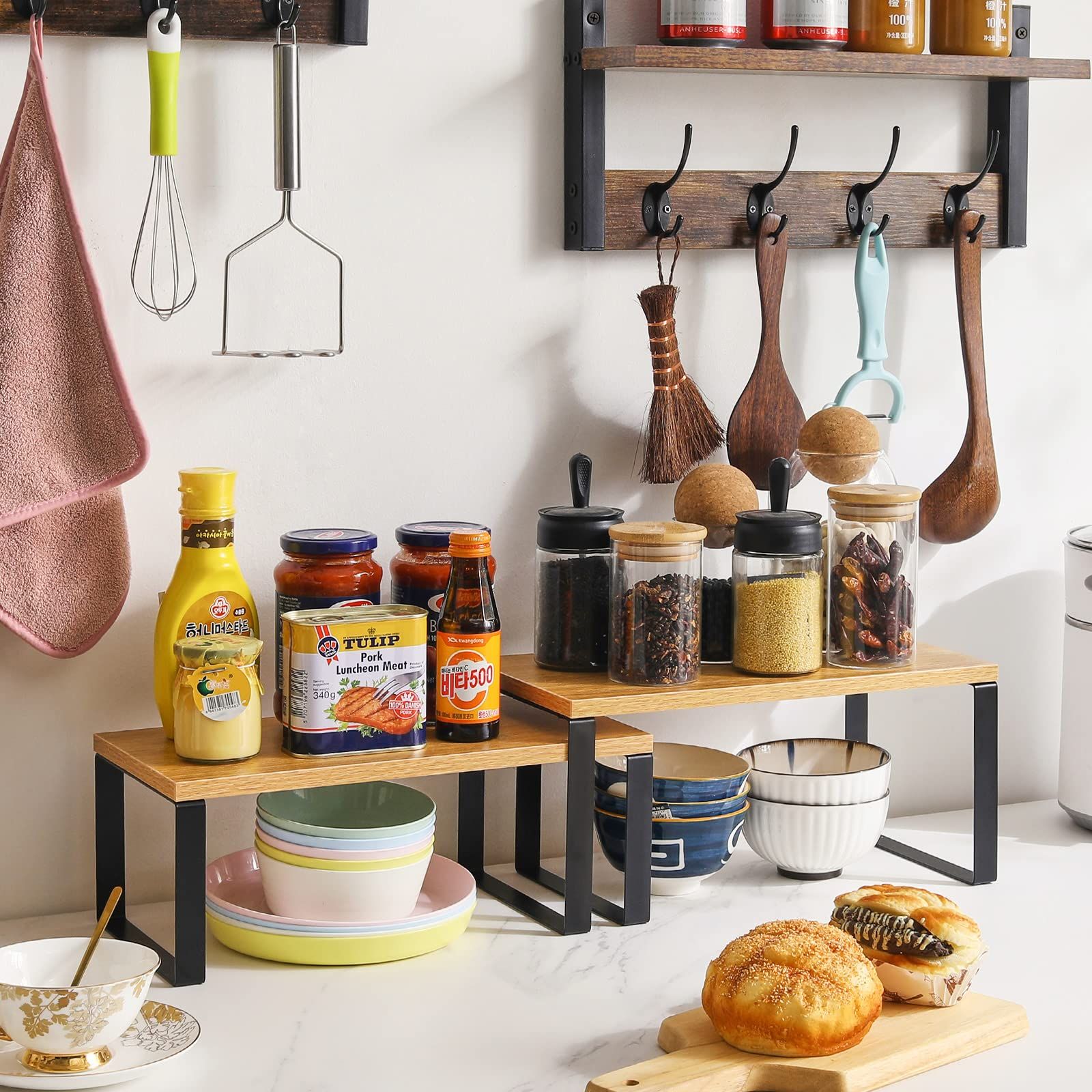 新品 水槽 化粧品 キャビネット収納ケース 缶 拡張可能 カップ 積み上げ可能 浴室 カウンター棚 台所 スパイスラック 卓上 調味料ラック 大容量 4個入 木の色 キッチンラック JPHSR002N-2 YMYNY