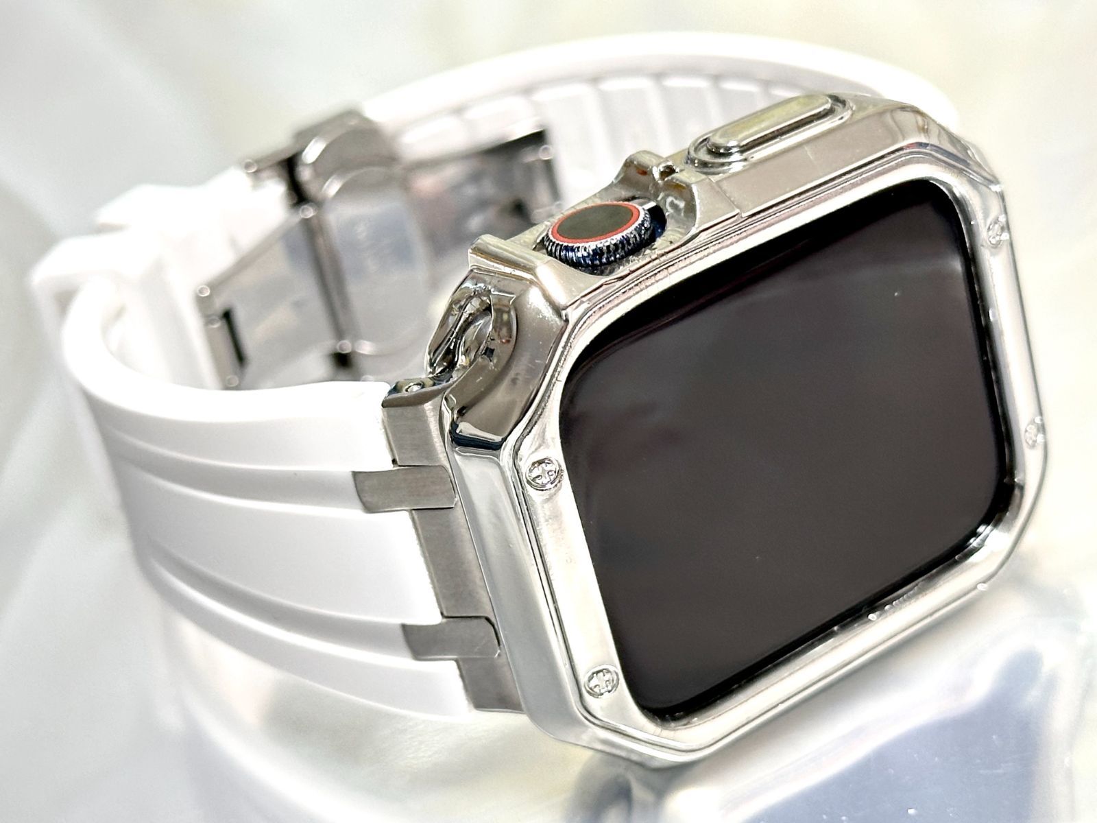 シームレス ホワイト-シルバー アップルウォッチ 316Lステンレス ラバーベルト Apple Watch 厚ケース カバー series1〜9 38mm 40mm 41mm 42mm 44mm 45mm 46mm 49mm Apple Watch バンド