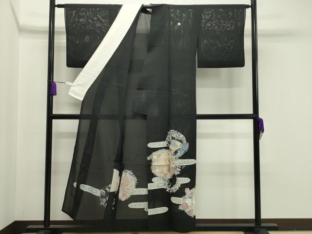 D442＋D437 夏着物　訪問着　黒地　銀駒刺繍　すすき　絽　正絹　極美品 D437 夏着物 訪問着 黒地 銀駒刺繍 すすき 絽 正絹 極美品