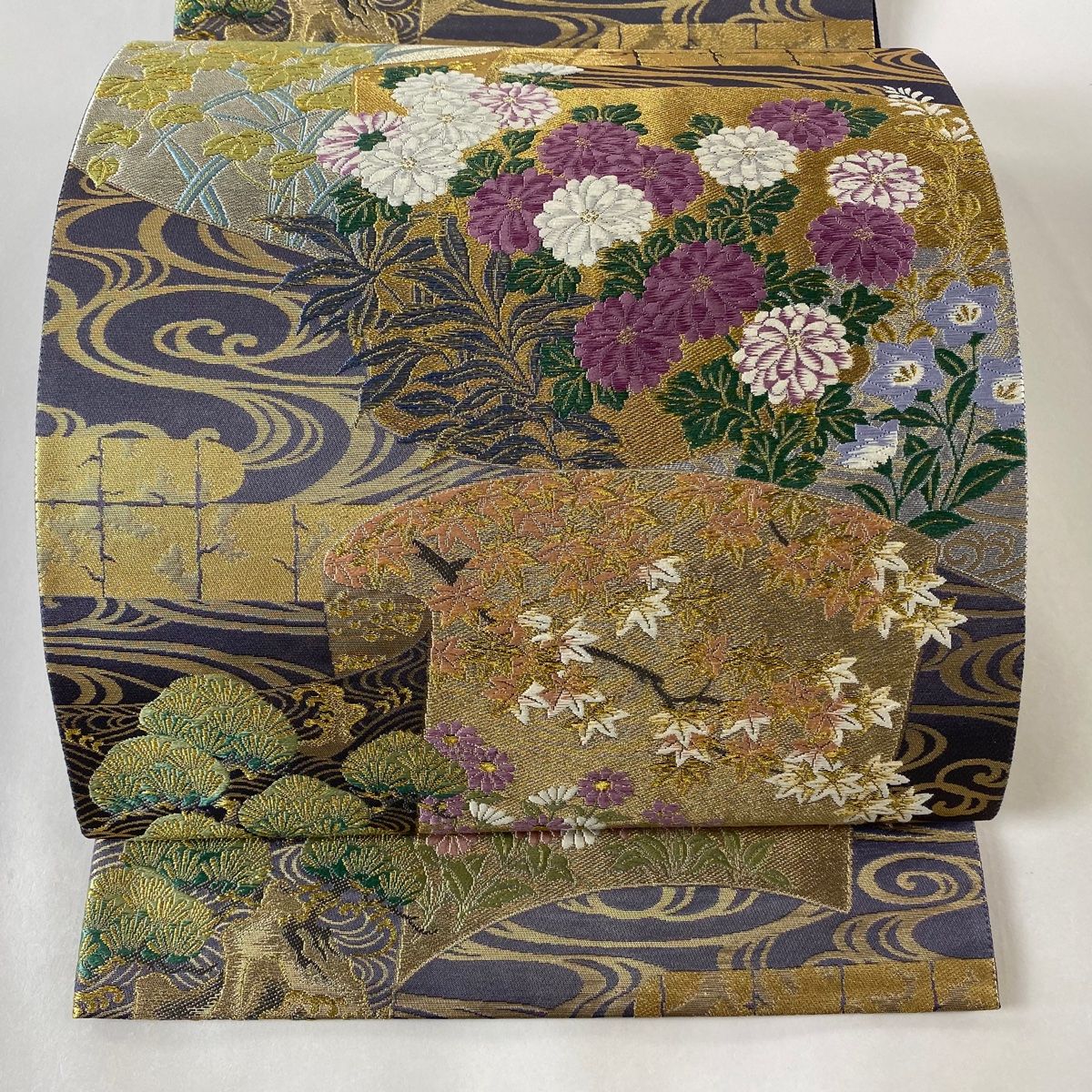 袋帯 美品 逸品 じゅらく 落款 帝王紫 草花 流水 金銀糸 箔 青 袋帯 美品 逸品 じゅらく 落款 帝王紫 草花 流水 金銀糸 箔 青