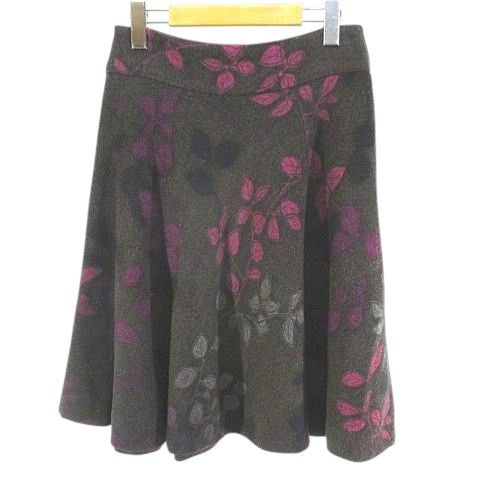 アクリス AKRIS リーフ柄 葉っぱ柄 膝丈 フ スカート スカート 38 茶系 ブラウン 毛 ウール 裏地