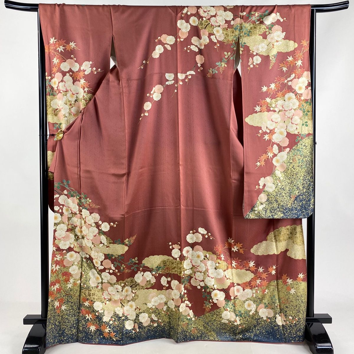 振袖 身丈169.5cm 裄丈66cm M 袷 枝梅 雲文 金糸 金彩 濃ピンク 正絹 秀品