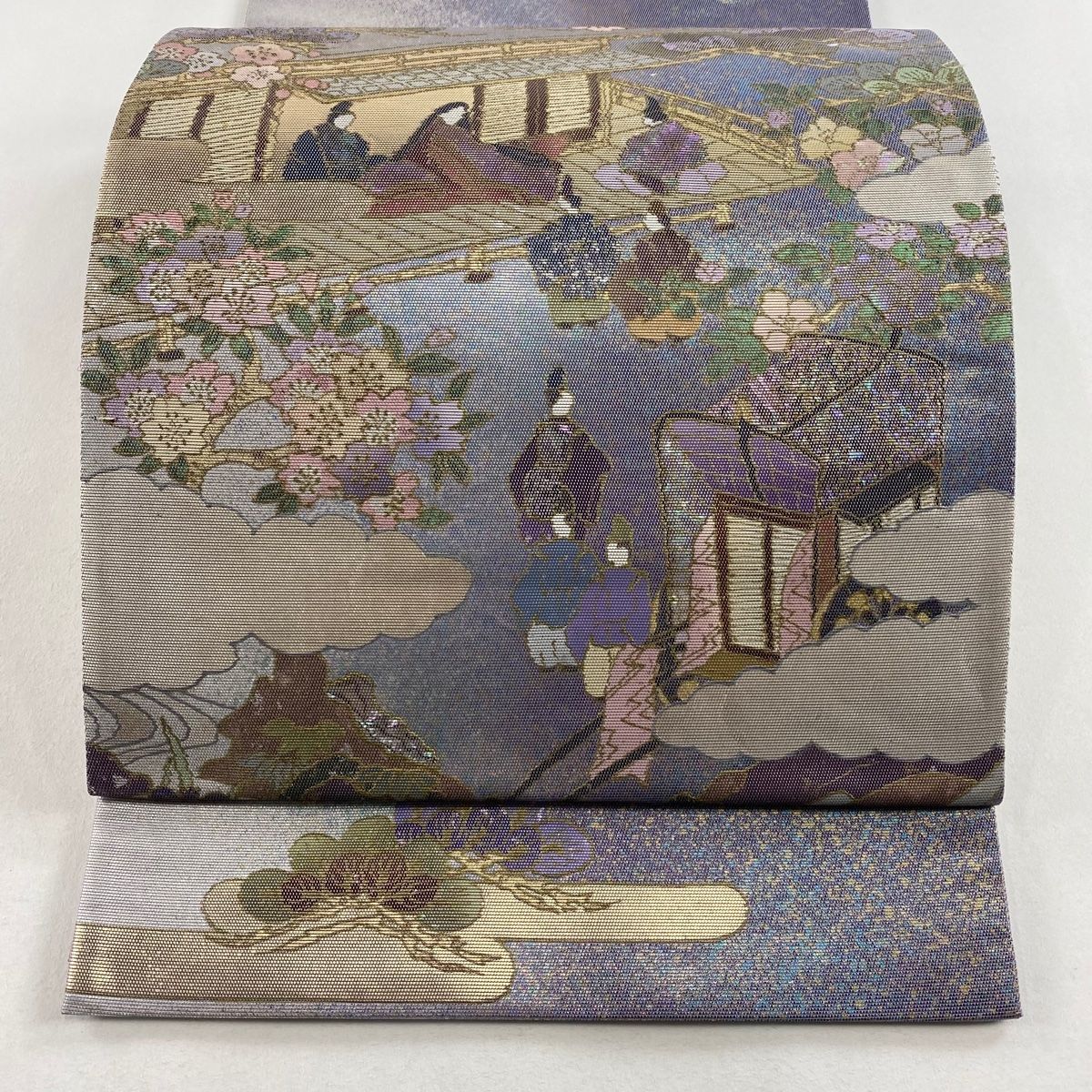 袋帯 美品 名品 夏帯 魚 水草 箔 灰色 お太鼓柄 正絹 中古（無月