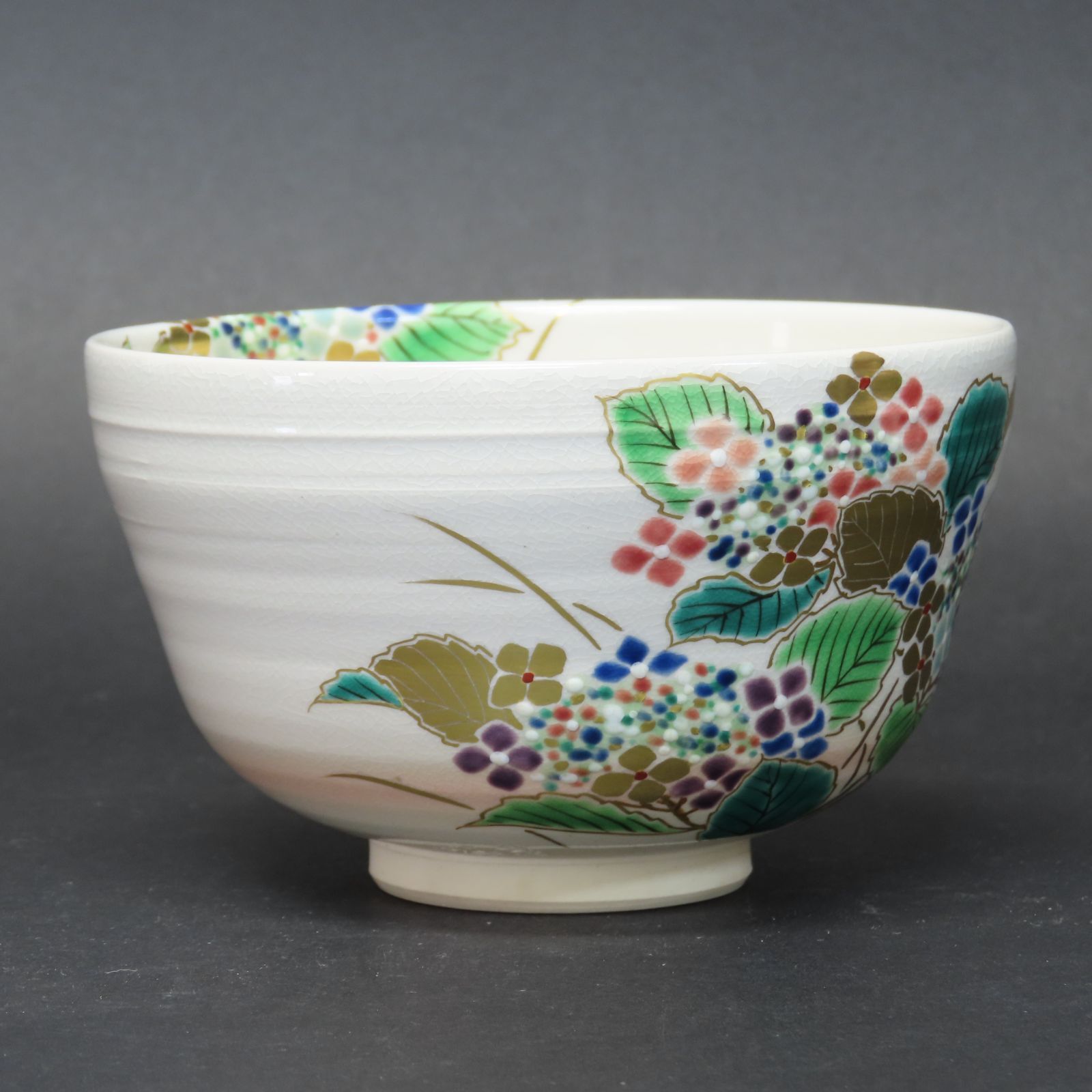 0057 美品 庄左ェ門 真作保証 押小路焼 色絵 紫陽花図 抹茶茶碗 茶道具 