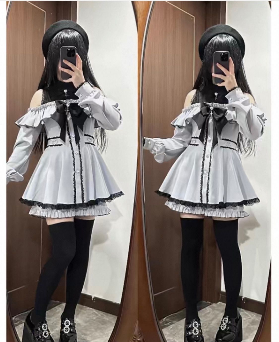 黒地雷系ワンピース 肩あきレースロリータ風