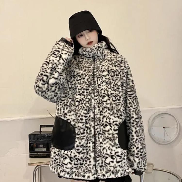 レザージャケット ファージャケット リバーシブル アウター 羽織 2way ヒョウ柄 レオパード ゆったり オーバーサイズ 長袖 ライダースジャケット ブルゾン 厚手 もこもこ 防寒 暖かい きれいめ chi3655
