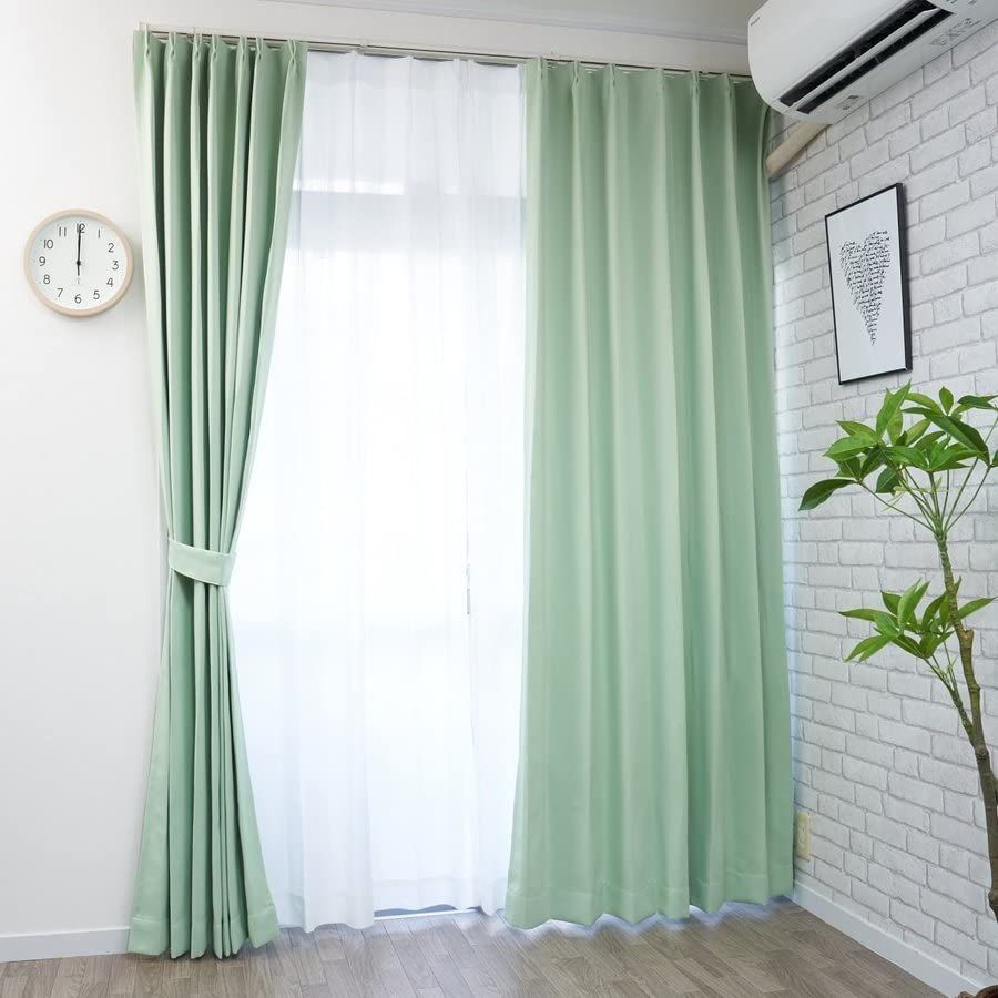 グリーン_幅100x丈210cm 2枚組 curtain-fabfun カーテン 1級 遮光 210cm丈 4枚組 断熱 保温 節電対策 洗える 省エネ 形状記憶 4枚セット [幅100x丈210(208)cm 4枚組 グリーン ME628]