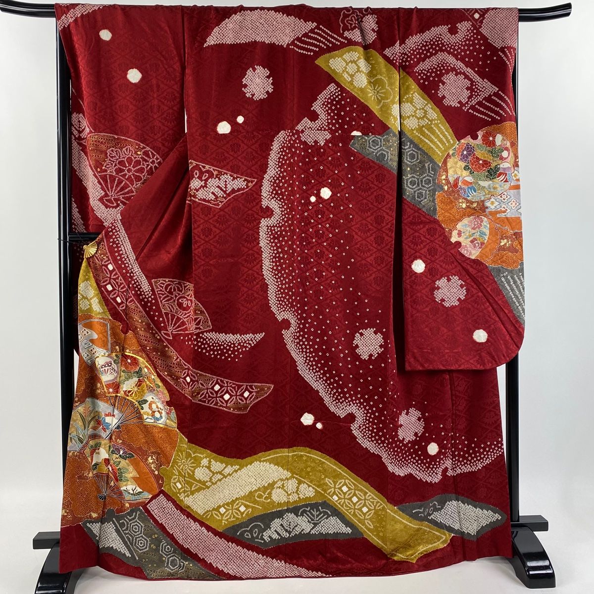 振袖 身丈168cm 裄丈69cm L 袷 扇 草花 金糸 絞り 赤 正絹 秀品