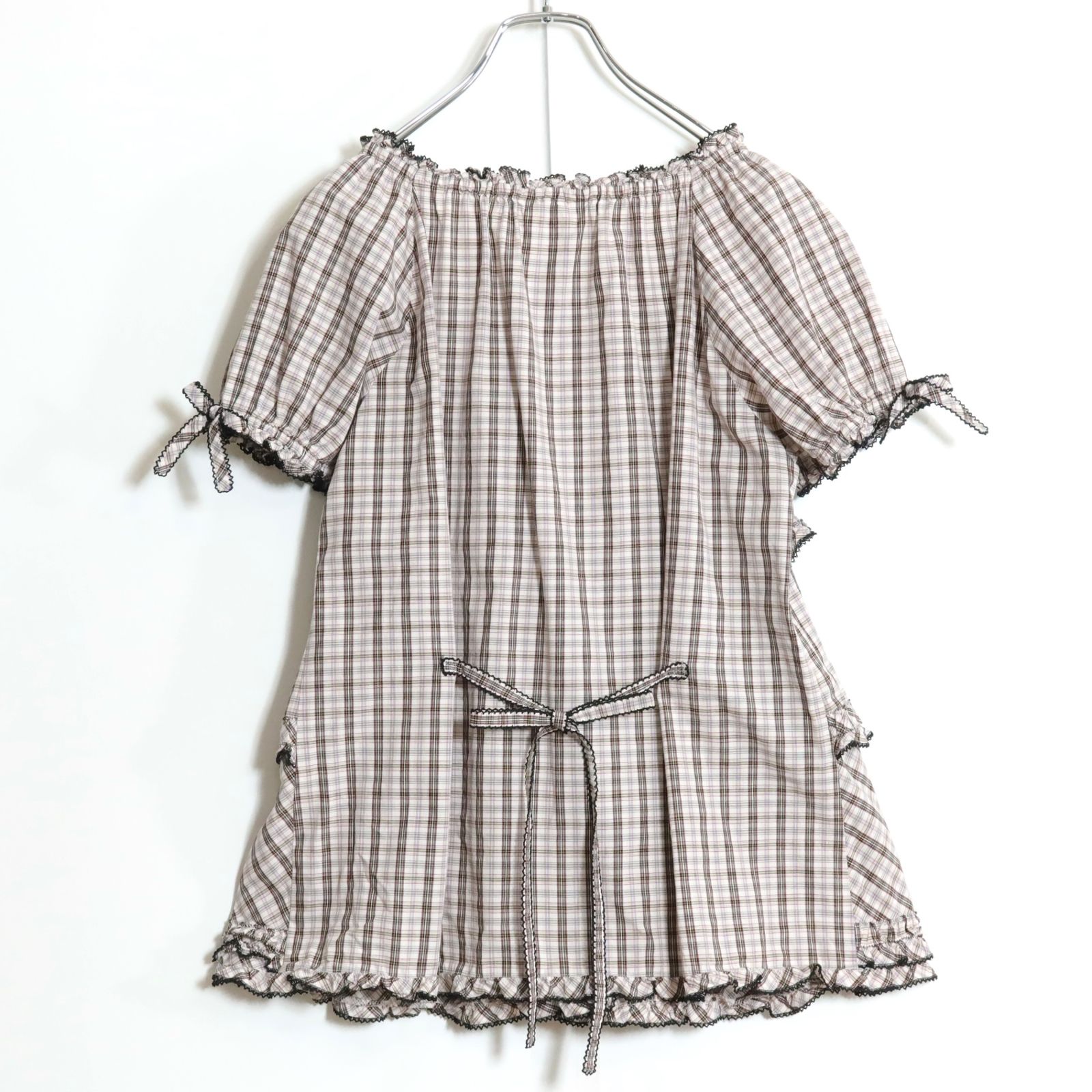 【極美品】ピンクハウス★かぶせ段々フリル♪リボン&amp;チェックのブラウス ミックス系 前開き ふんわりフォルム♪z13803 極美品】ピンクハウス☆かぶせ段々フリル♪リボン&チェックのブラウス