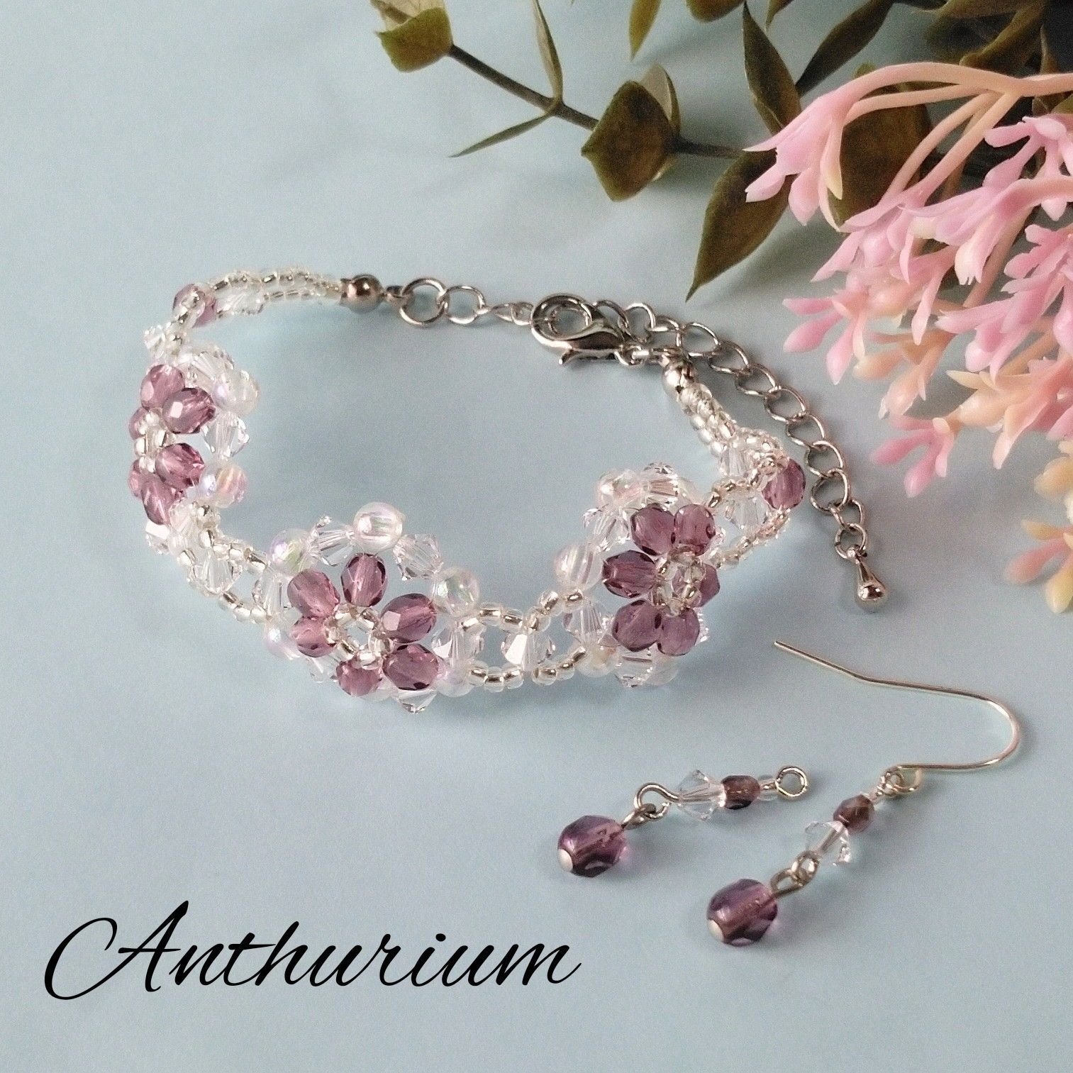 パープル フラワー ブレスレット＆ピアス セット No.108 - メルカリ