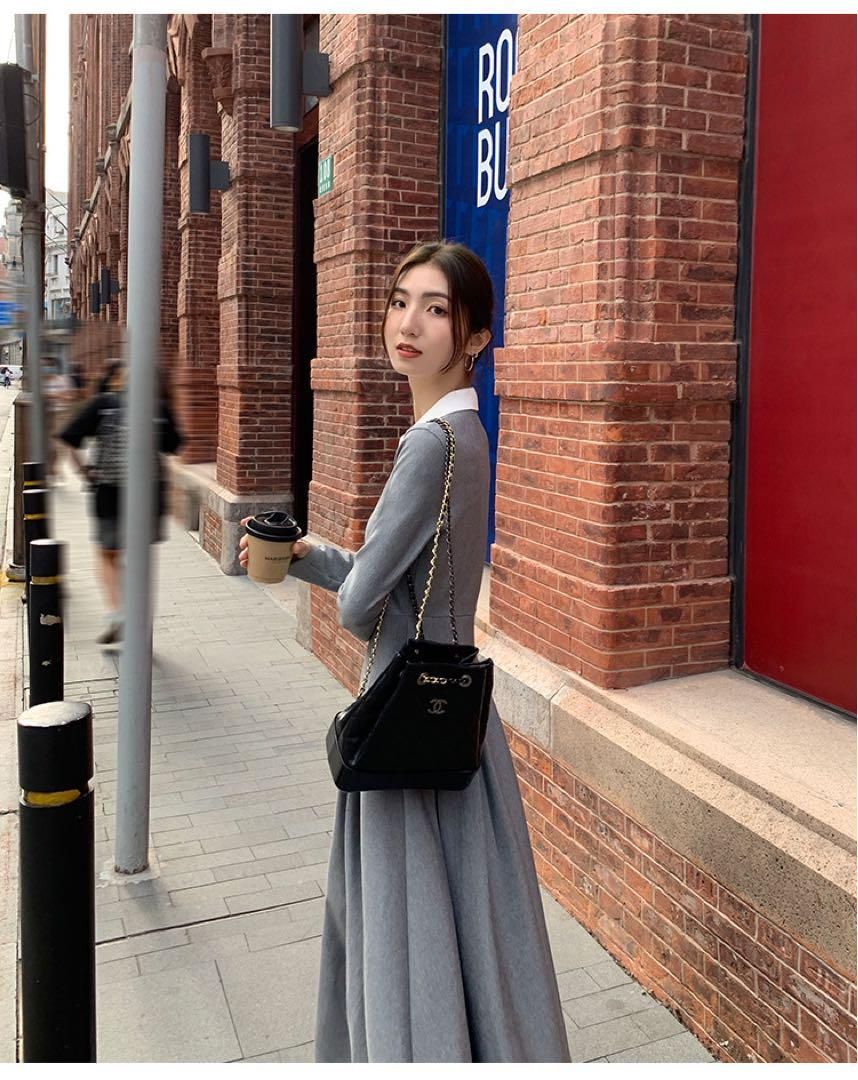 春セクシーコントラストニットドレスロング丈ワンピース