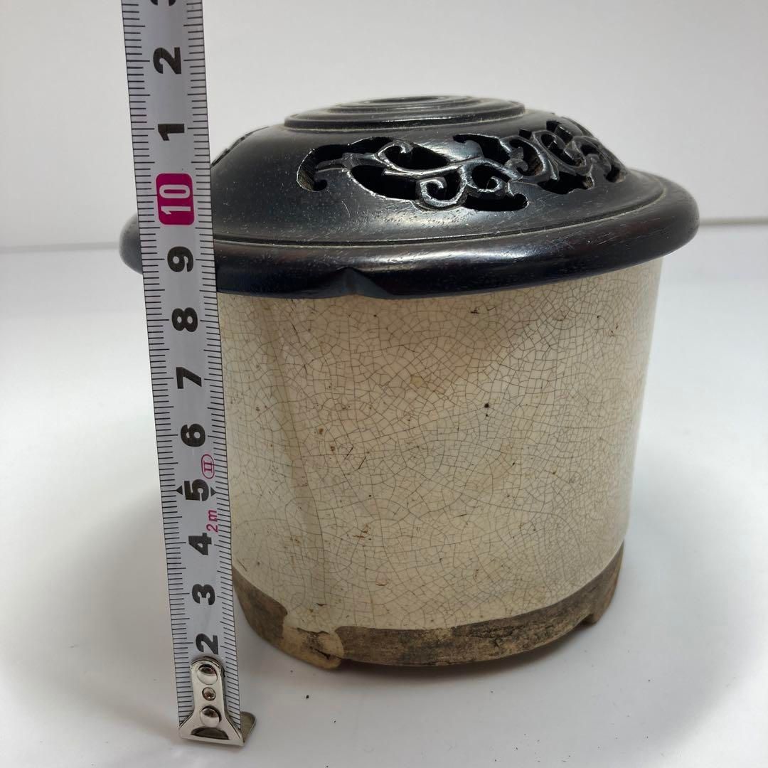 古瀬戸　白釉　三足香炉　極上唐木　直径10.8cm本H5-0626☆トヒカサ 古瀬戸 白釉 三足香炉 極上唐木 直径10.8cm本H5-0626☆トヒカサ