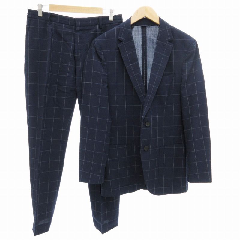 ヒューゴボス HUGO BOSS スーツ セットアップ 上下 テーラードジャケット パンツ 2B サイドベンツ タック センタープレス シアサッカー チェック 48 XL 紺 ネイビー /GV