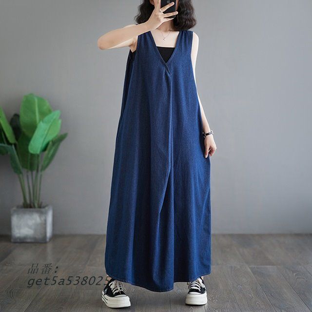 ワンピース ロング ノースリーブ ワンピース マキシ丈 ワンピース デニム調 カジュアル ワンピース 夏 体型カバー 大きいサイズ レディース 前後 春 get5a538025