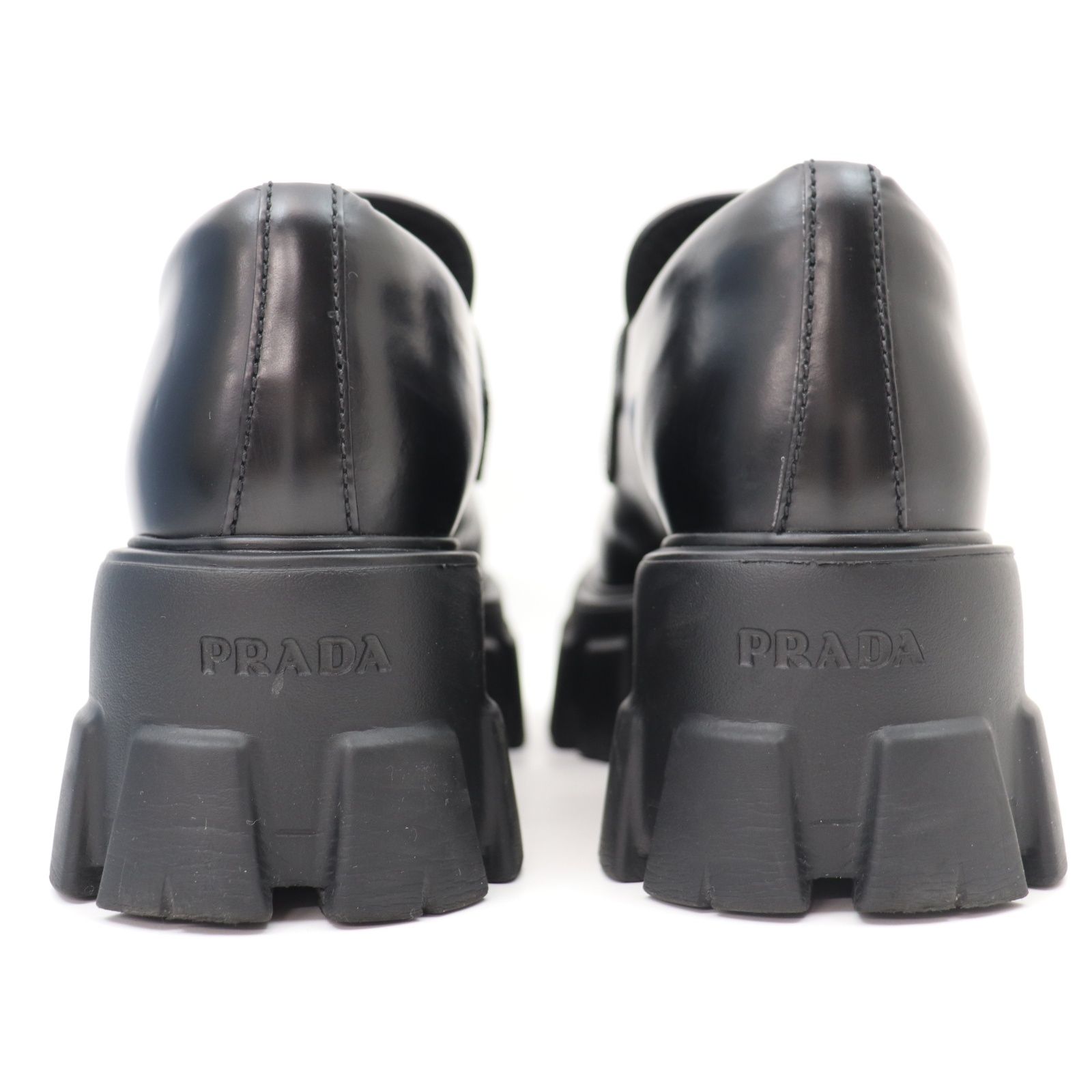 ITPGSSEFRRSW PRADA プラダ モノリス レザー 厚底 ローファー 黒 レディース 靴 サイズ 34 1/2