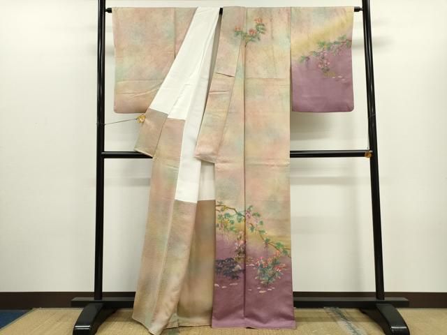 平和屋着物●紙芸創作者・横山優　和紙　訪問着　手描き　枝花文　暈し染め　正絹　逸品　CAAR6568ze 平和屋着物○紙芸創作者・横山優 和紙 訪問着 手描き 枝花文 暈し染め