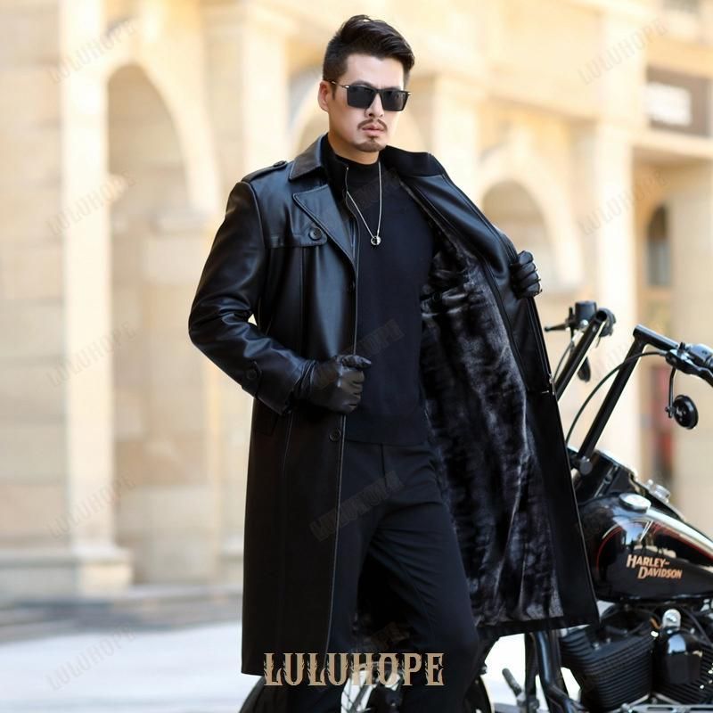 トレンチコート レザー 革ジャン 体型カバー ダブル バイク 高級感