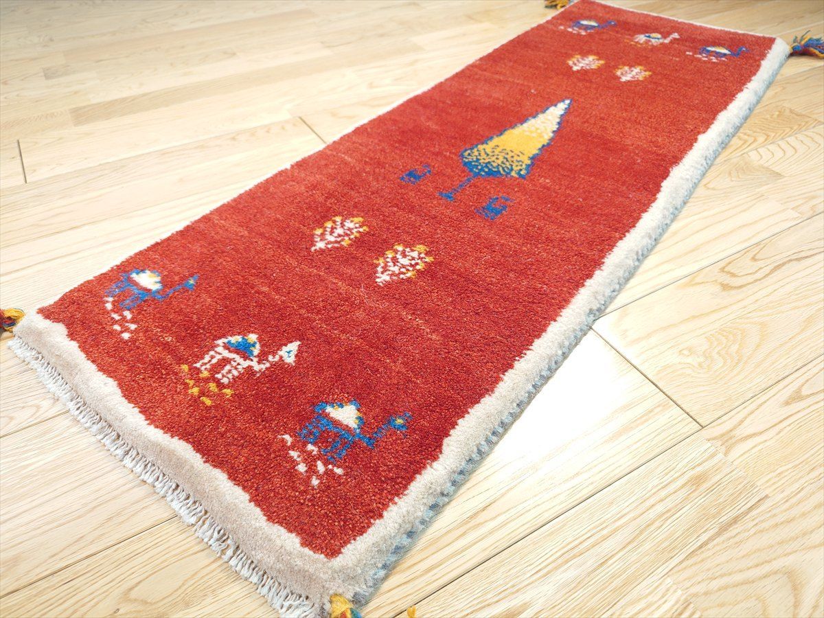 ペルシャ ギャッベ ミニランナー ラグ 115x40㎝ 茜色 ベージュ