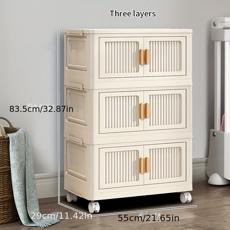実力 組立簡単 キャスター付 モダンデザインプラスチック収納キャビネット 2～5段選べる棚 ドア付 頑丈多用途オーガナイザー 衣類収納 寝室 オフィスに最適 3段