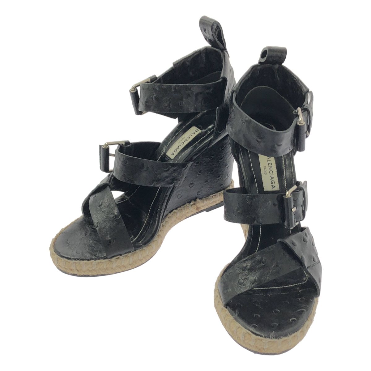 BALENCIAGA バレンシアガ オーストリッチ エンボス ストラップ ウェッジソールサンダル 36 ブラック レディース