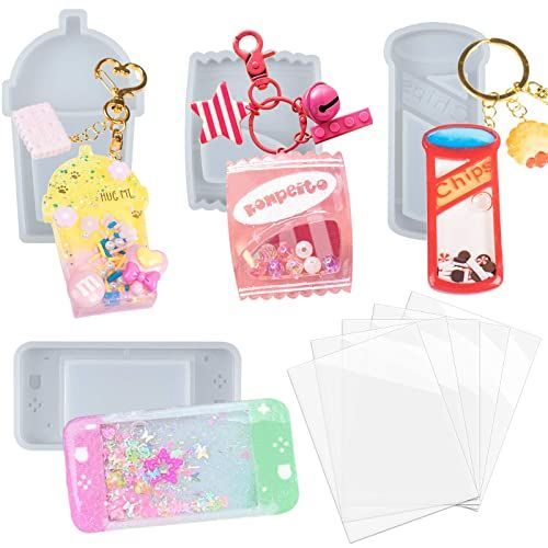 FUNSHOWCASE シェイカーモールド シャカシャカ中身 レジン型 シリコンモールド タビオカ/ポテトチップス/携帯型ゲーム/ビスケット 4個セット PPシート５枚付き キーホルダー ストラップ チャー