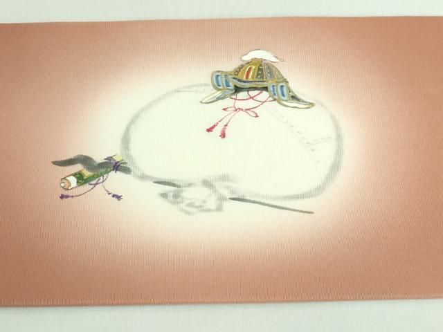 平和屋着物□極上 塩瀬 九寸名古屋帯 手描き 七福神 深支子色地 逸品