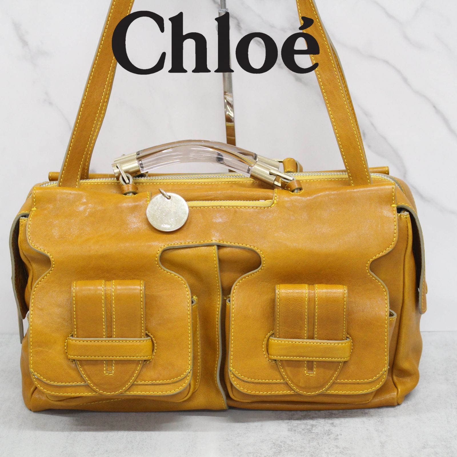 S066)Chloe ショルダーバッグ クリアハンドル ミニボストン イエロー