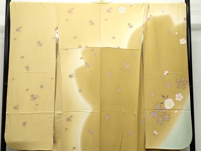 豪華振袖　駒刺繍　流水舞鳥文　暈し染め　金彩　着丈168cm　正絹　逸品 平和屋着物▽豪華振袖 駒刺繍 舞蝶文 暈し染め 金彩 正絹 逸品
