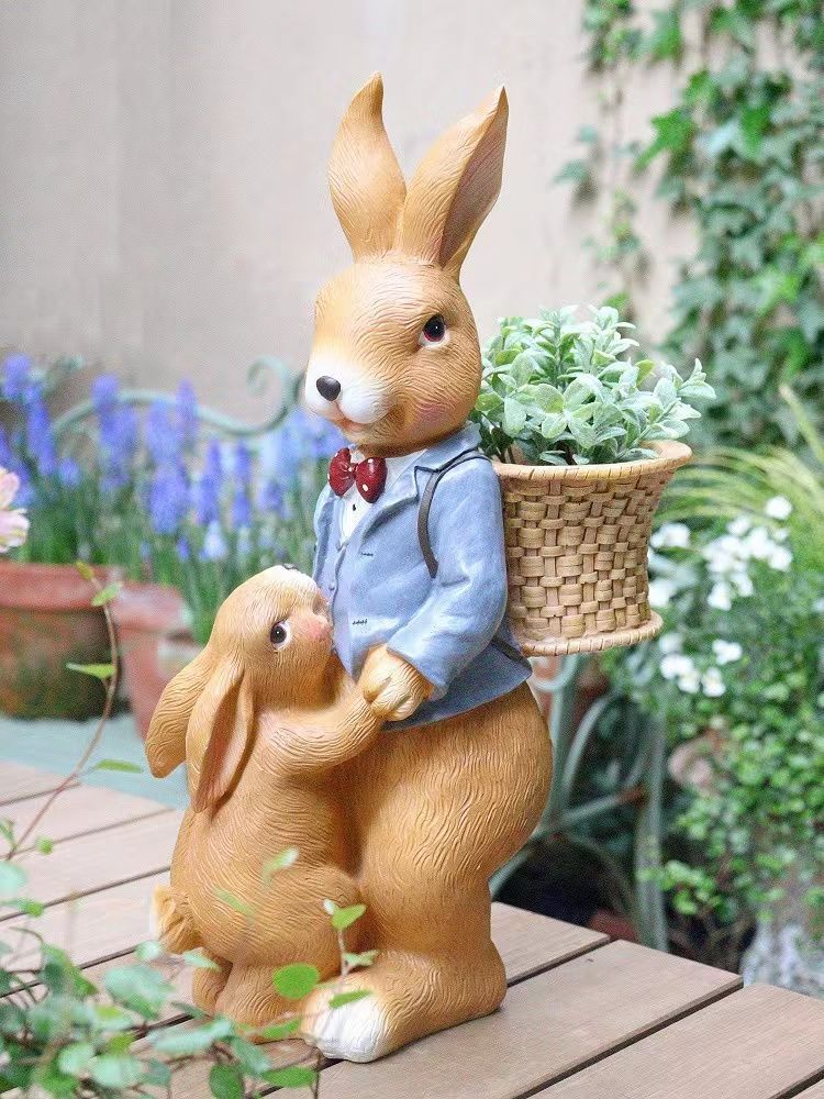 植木鉢付きうさぎ 庭の像 ウサギの置物 フラワーバスケット アウトドアアート | ethicsinsports.ch
