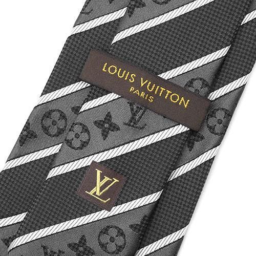 極美品 ルイヴィトン ブランド ネクタイ LOUIS VUITTON シルク モノグラム ストライプ ワイドタイ グレー メンズ OJ10618