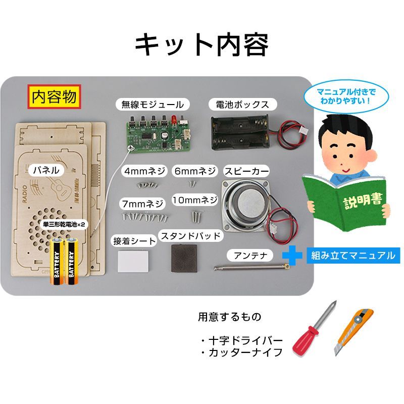 ラジオ 手作り工作 キット DIY 自作 図工 子供 小学生 教材 自由研究 夏休み 冬休み おもちゃ 技術 学習 授業 学校 無線 電波 アンテナ  チャンネル