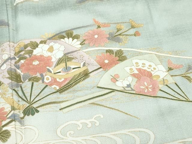 平和屋着物○訪問着 扇面糸巻き飛鶴草花文 暈し染め 金彩 正絹 逸品