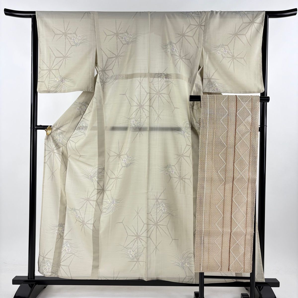 小紋 身丈158.5cm 裄丈65cm M 薄物 名古屋帯セット 草花 麻の葉 灰緑 正絹 秀品
