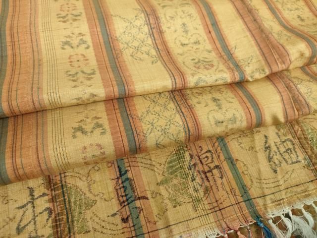 平和屋着物○小千谷 本真綿紬 草花間道 反端付き 正絹 逸品 未使用  