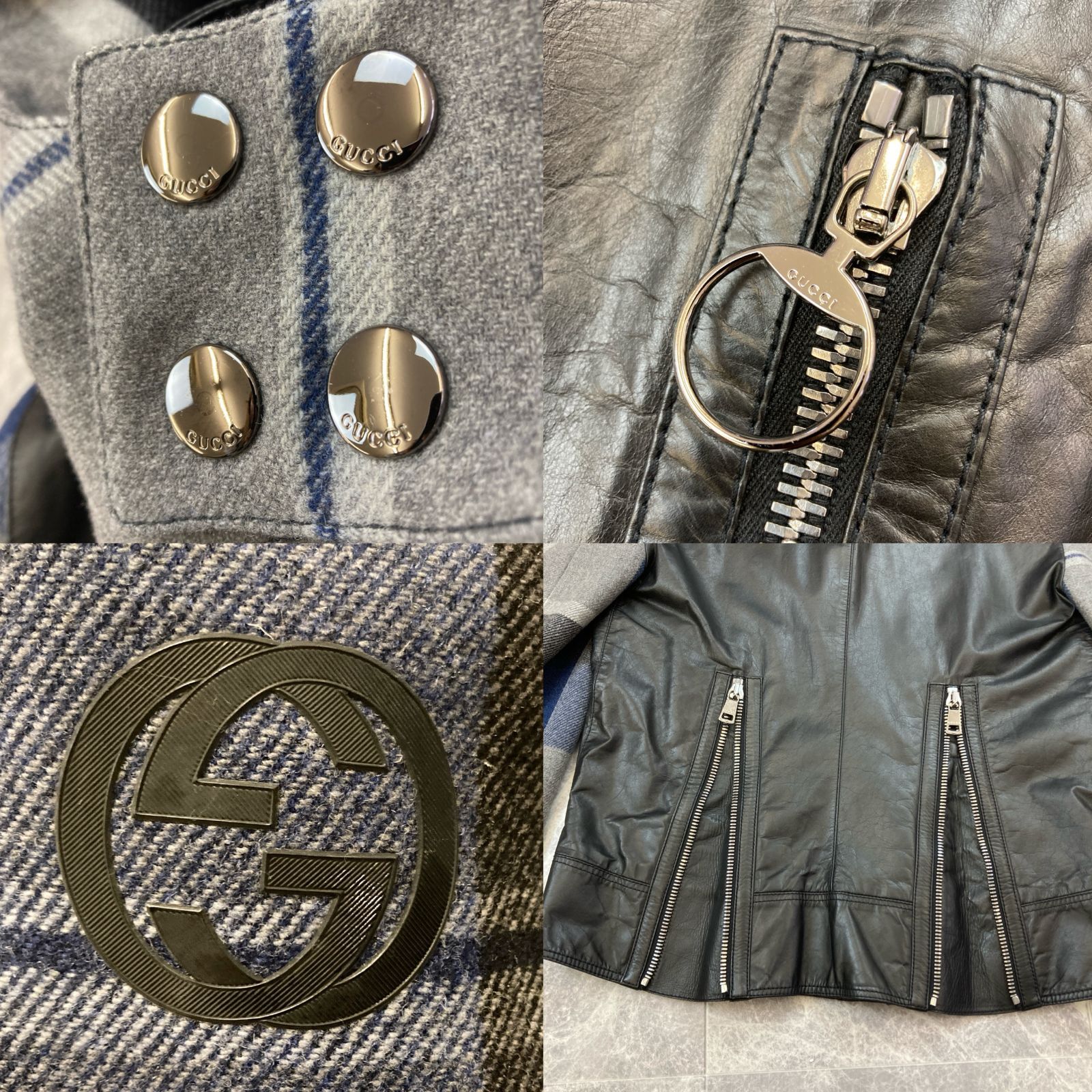  GUCCI グッチ ドッキングレザー ダブルライダースジャケット 226297 XM 786 ブラック レザー ブルー チェック ウール GG ロゴ レディース メンズ PAWNSHOPRiZ パウンショップリズ ダブルライダース レザージャケット ライダース