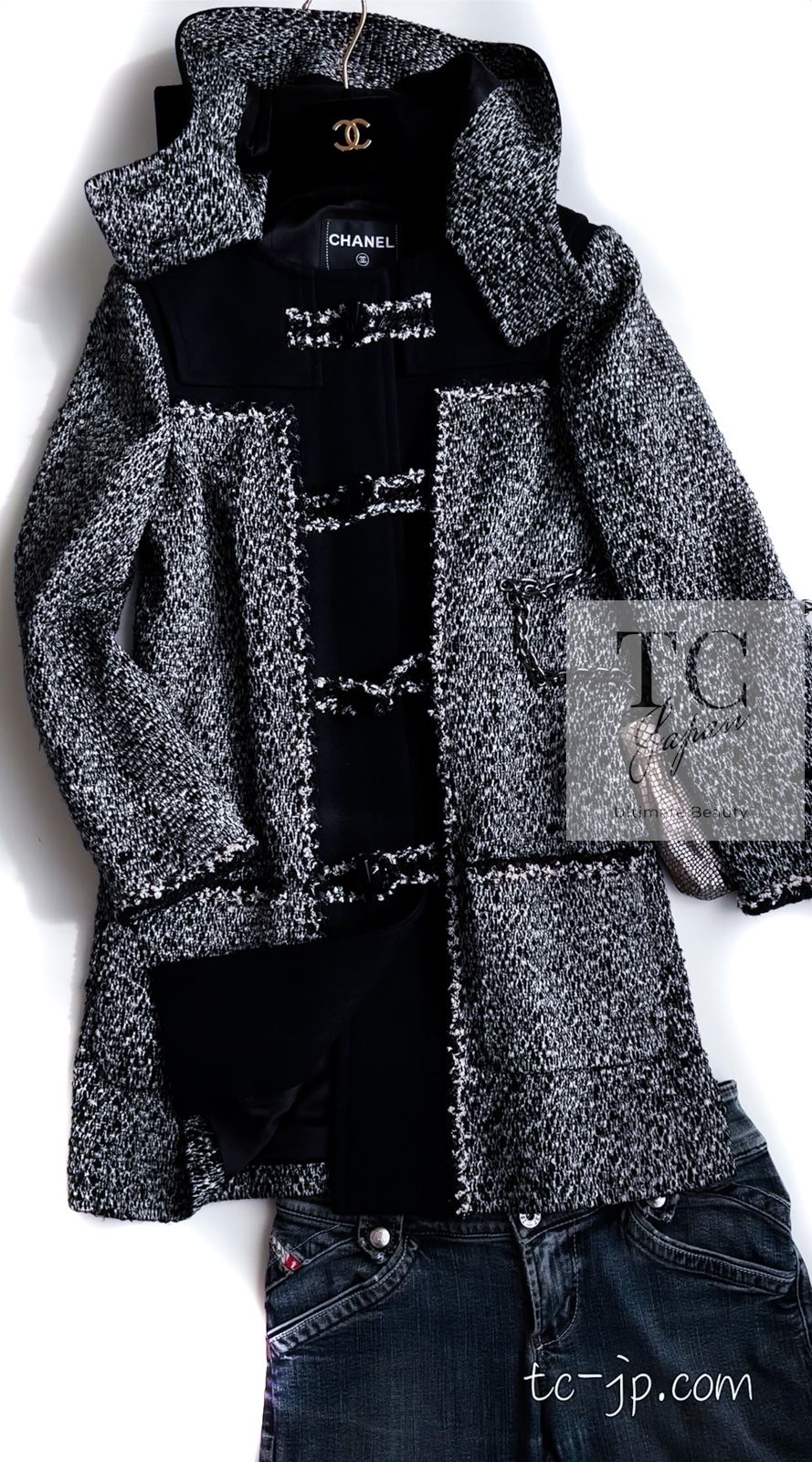 定価100万以上 シャネル CHANEL ツイードコート ラガーフェルド 38 シャネル コート CHANEL ブラック 黒 グレー ウール ダッフル