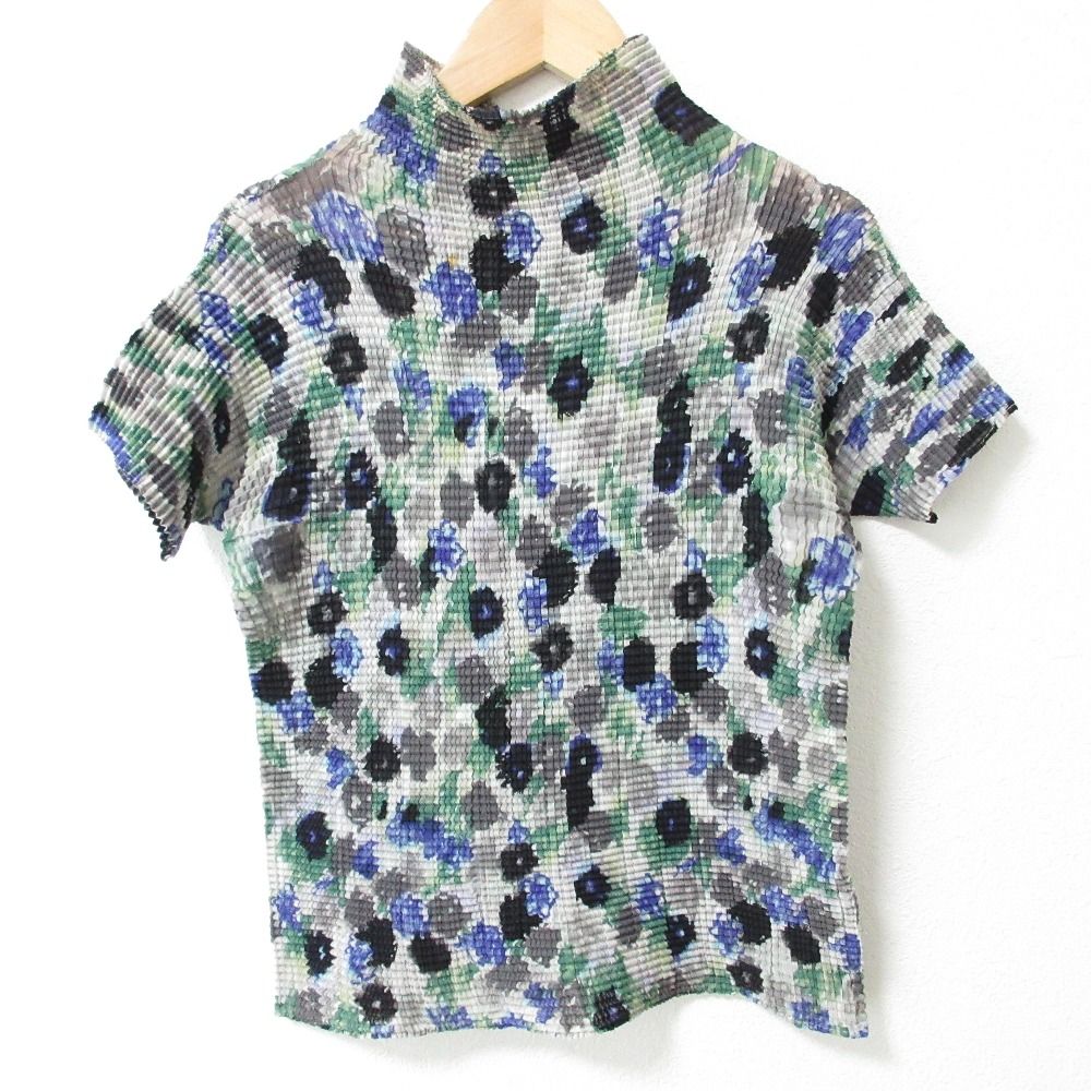 ISSEY MIYAKE イッセイミヤケ 総柄 プリーツ ハイネック ショートスリーブ カットソー ブラウス IM84-FJ969 M マルチ レディース 古着