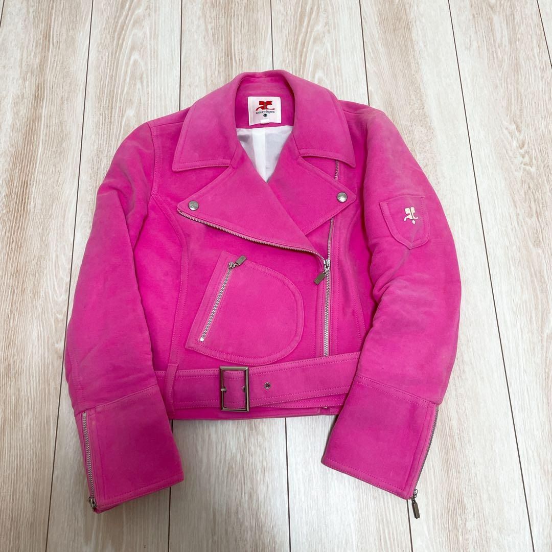 激 Y2K Archive courreges21 クレージュ ライダースジャケット ピンク ロゴ コットン レディース サイズ38 日本製 Vintage