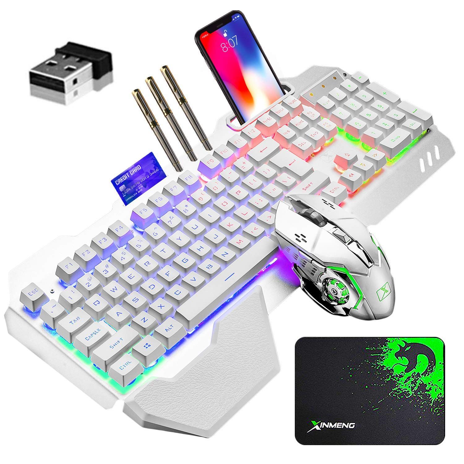 ゲーミングキーボードマウスセット、リンボーLEDバックライト、英語配列，4800ｍAh大容量、無線、2400DPIマウス、RGB、メタルパネル、充電可能、防水キーボード、2.4GHZワイヤレステクノロジー