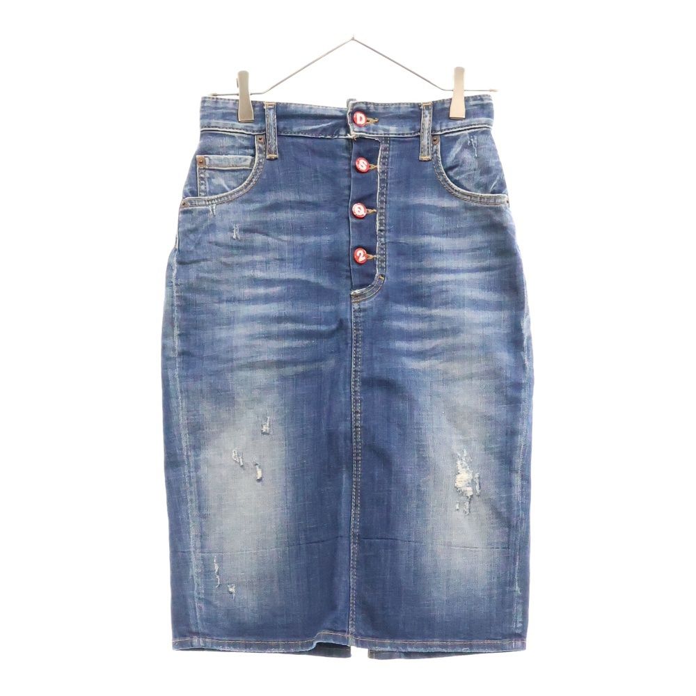 DSQUARED2 ディースクエアード Button Logo Denim Skirt S72MA0792 S30342 ボタン ロゴ ダメージ加工 デニムスカート レディース ブルー