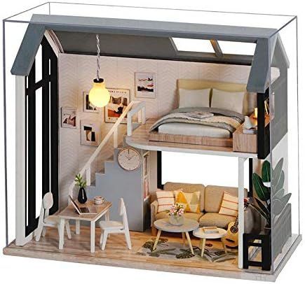 ピンクのDIYドールハウスロフトキット組み立てられたミニチュア家具付きプリンセスドールハウスおもちゃ子供用大人ギフト