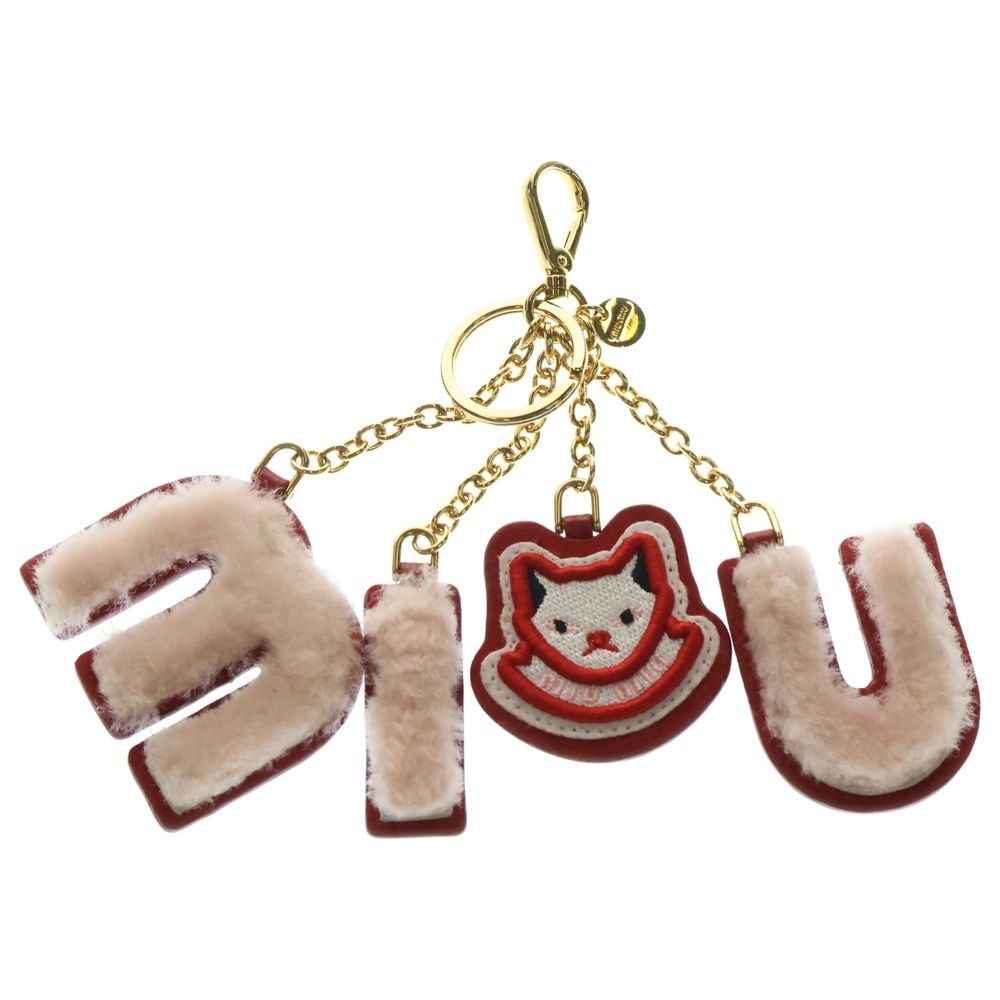 miumiu ミュウミュウ ファー パッチワーク 猫モチーフ キーリングチャーム ピンク×レッド 5TL251