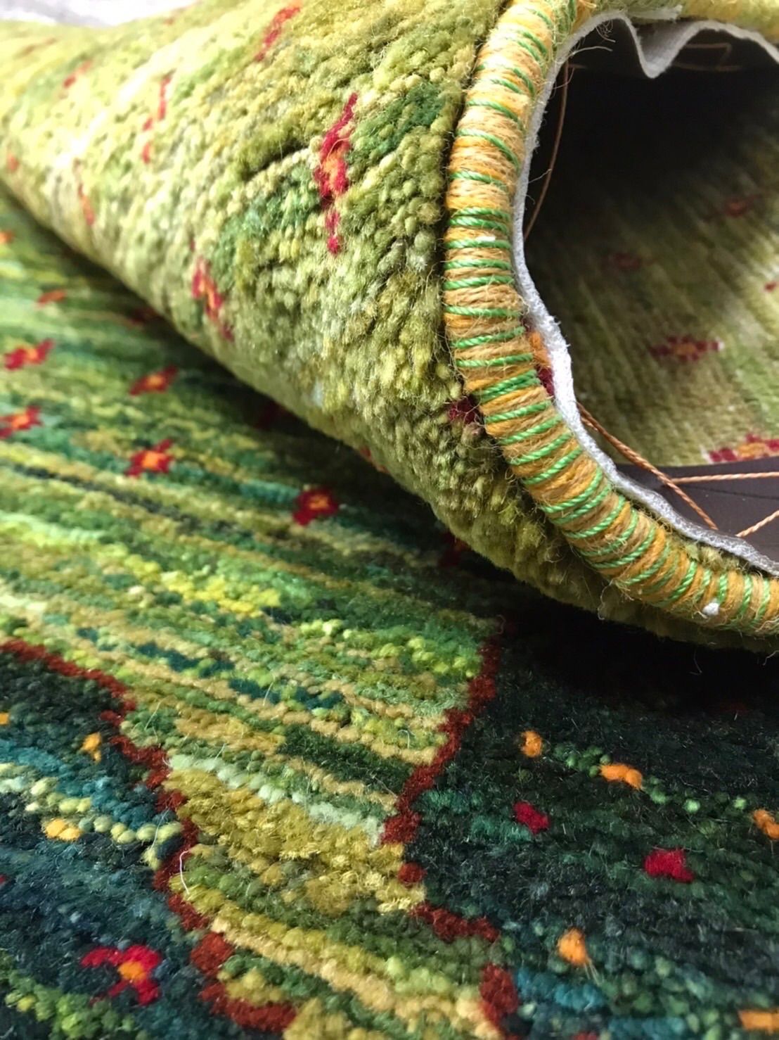 超格安価格 新品 ペルシャ絨毯 手織り リズギャッベ 緑 ひし形 生命の