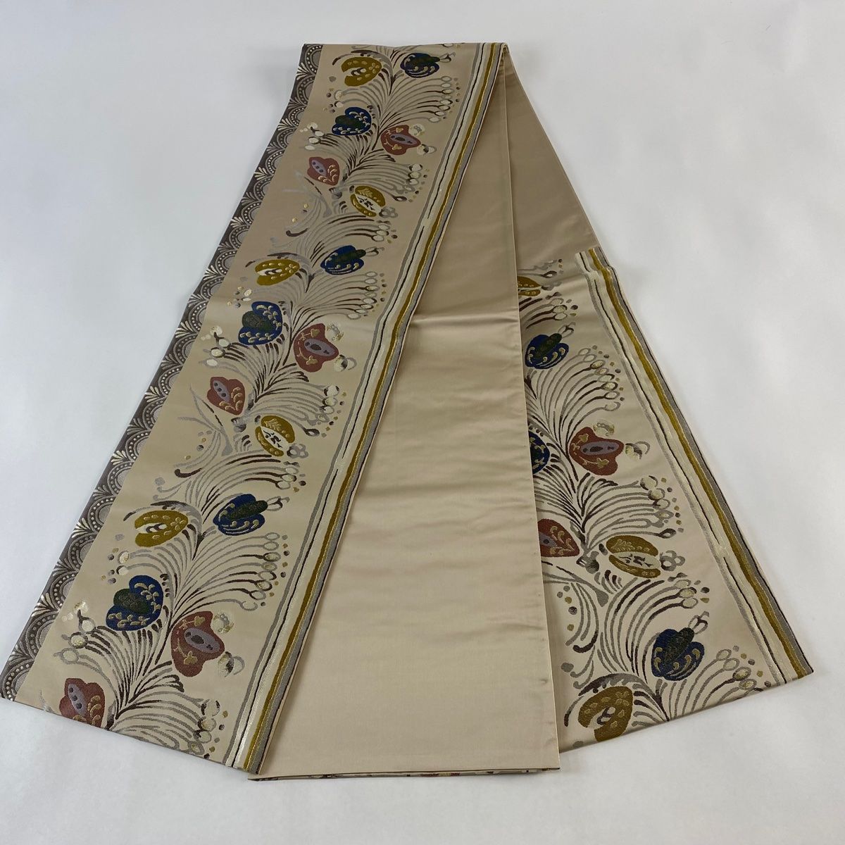袋帯 秀品 草花 幾何学模様 金彩 ベージュ 全通 正絹 【中古】