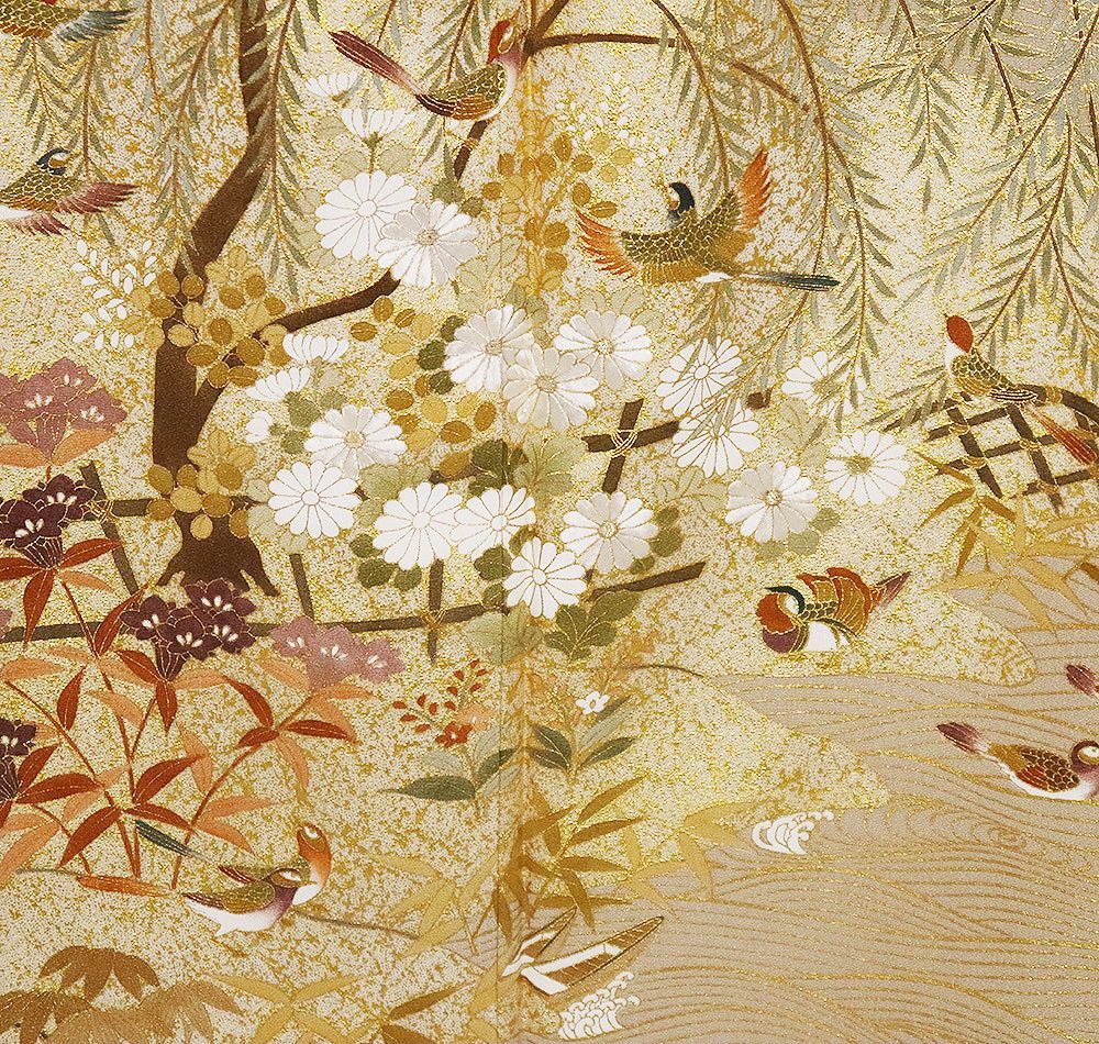 松尾光琳氏作 色留袖 袷 正絹 ベージュ 柳鳥図 Sサイズ ki30868 美品 レディース シルク ギフト フォーマル 30代 40代 50代 送料込み